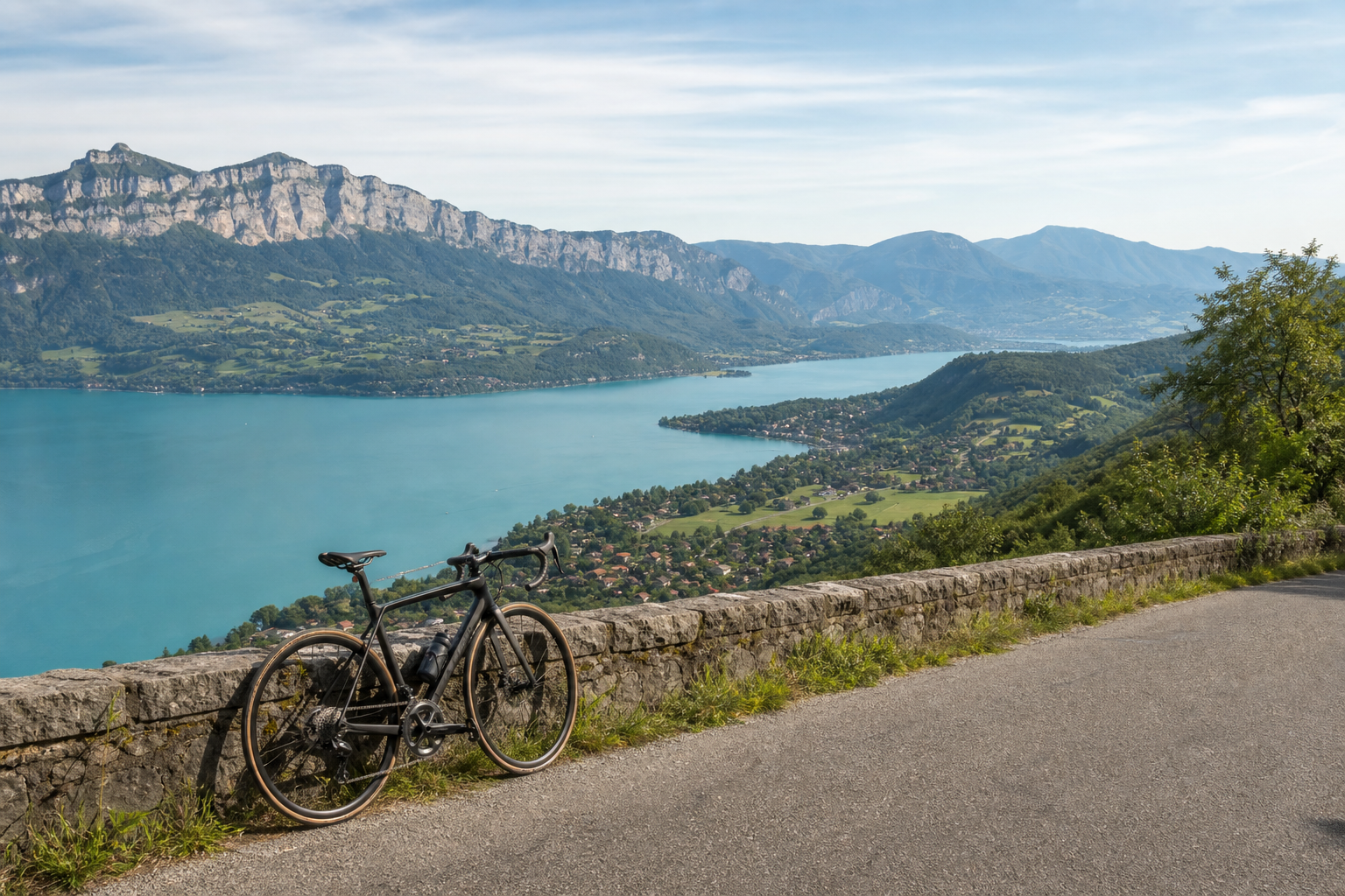 Racefiets met uitzicht over het meer van Annecy